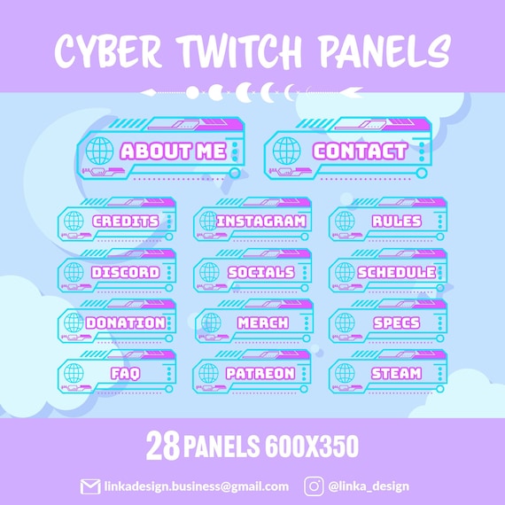 Futuristic Neon Twitch Panels – 28 Digital Stream Overlay Kit | Retro Tech Streamer Assets | Instant Download
