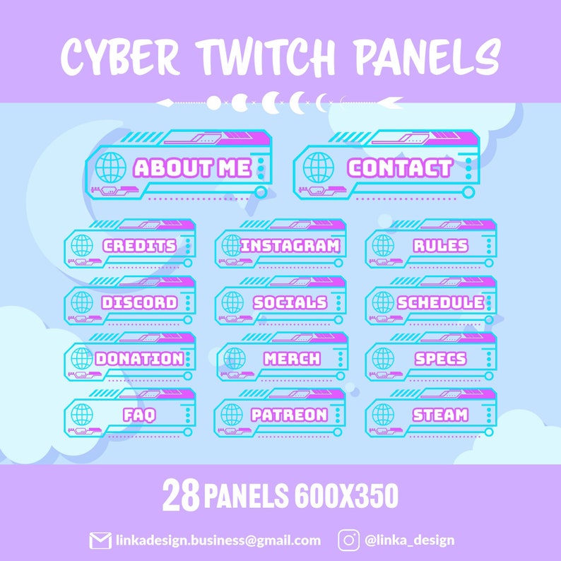 K&ouml;nnte beinhalten: Ein Satz von 28 Twitch-Panels im Cyberpunk-Stil mit einem blauen und rosa Farbschema. Die Panels zeigen Text wie "&Uuml;ber mich", "Kontakt", "Credits", "Instagram", "Regeln", "Discord", "Soziale Medien", "Zeitplan", "Spenden", "Merchandise", "Spezifikationen", "FAQ", "Patreon" und "Steam".