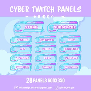 K&ouml;nnte beinhalten: Ein Satz von 28 anpassbaren Twitch-Panels im futuristischen Cyber-Stil. Die Panels sind blau und pink mit einem wei&szlig;en Umriss und zeigen ein Globus-Symbol. Die Panels enthalten Text wie "Store", "Subscribe", "Wishlist", "Kofi", "Tip", "Links", "Commands", "Twitter", "Etsy", "Website", "YouTube", "Games" und "Welcome".