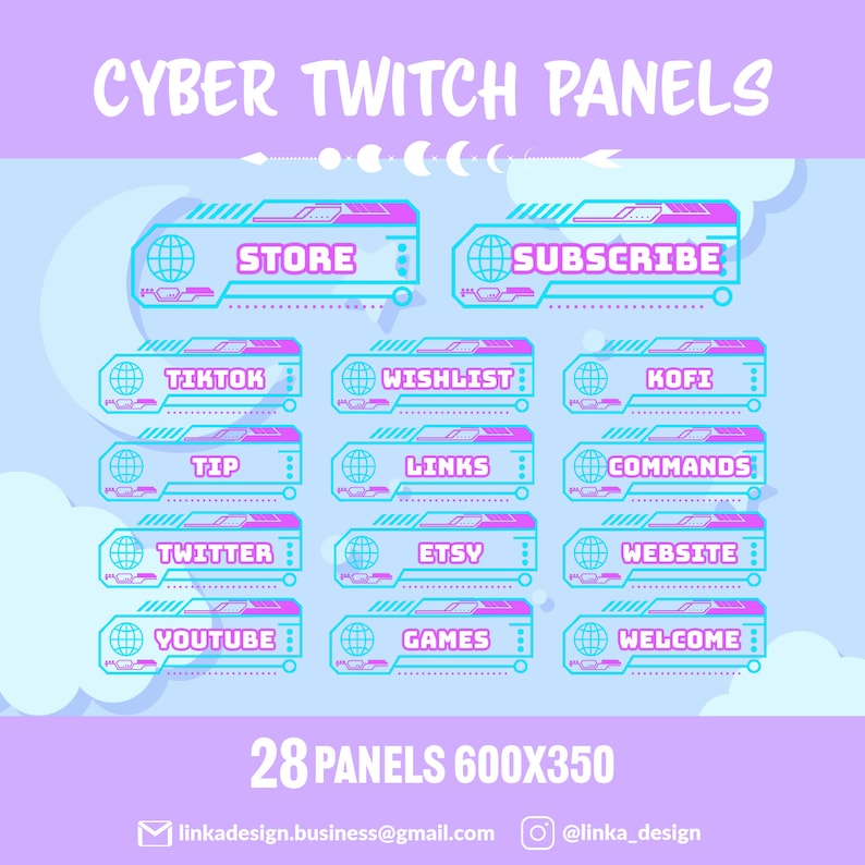 K&ouml;nnte beinhalten: Ein Satz von 28 anpassbaren Twitch-Panels im futuristischen Cyber-Stil. Die Panels sind blau und pink mit einem wei&szlig;en Umriss und zeigen ein Globus-Symbol. Die Panels enthalten Text wie "Store", "Subscribe", "Wishlist", "Kofi", "Tip", "Links", "Commands", "Twitter", "Etsy", "Website", "YouTube", "Games" und "Welcome".
