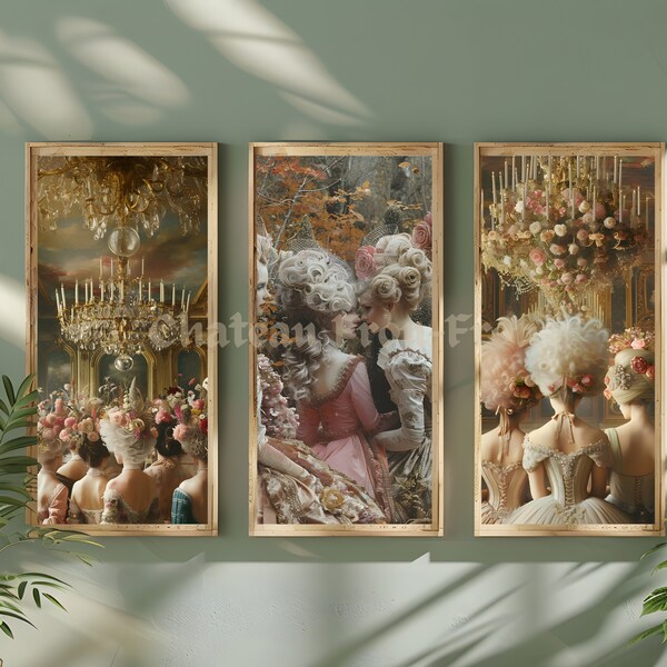 Set of 3 Wall Art Matching Prints, Marie Antoinette, French Chateau Decor, Triptych, Wigs and Roses, Shabby Chic, Versailles Rococo Women