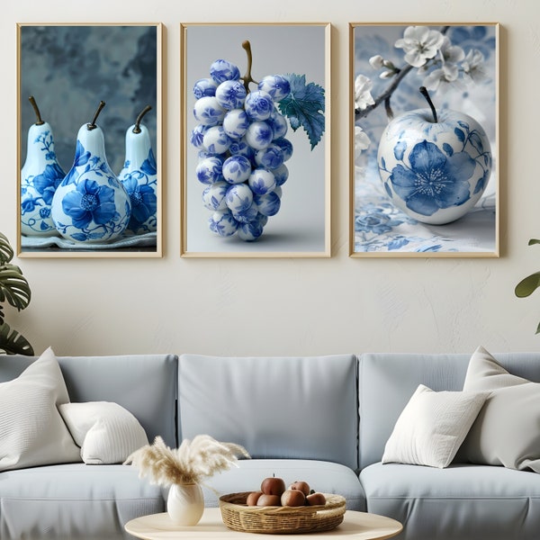 Set of Three Blue Porcelain Fruit Prints, Wall Art Set, Matching Prints, Kitchen Art, Blue and White, French Decor, Unusual Art, 3 Prints