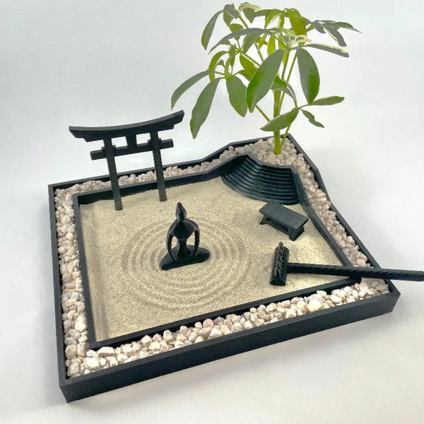 Japanse Zen-tuinset - Vredig mini-hark- en zandlandschap, kalmerend hulpmiddel voor thuiskantoor, ideaal housewarming- of verjaardagscadeau