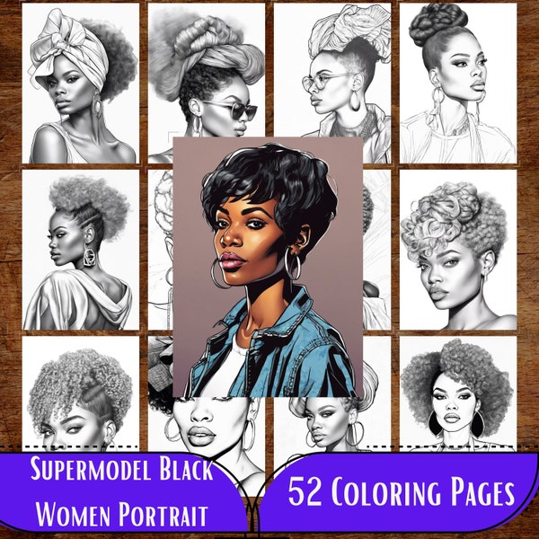 Portrait de femme noire top model à colorier pour adultes et enfants, pages à colorier mode coiffure en niveaux de gris, jolie dame, fantaisie imprimable pdf