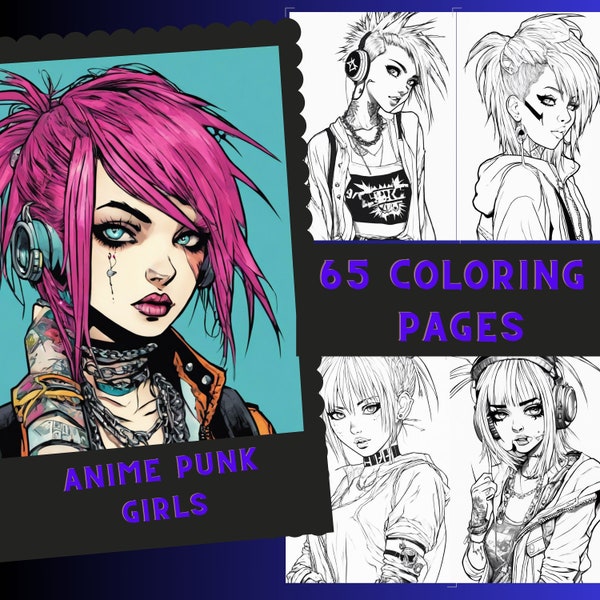 65 Anime Punk Girls Coloring, Fantasy Manga Greyscale Coloring Pages for Kids and Adults, Instant Download, Printable PDF