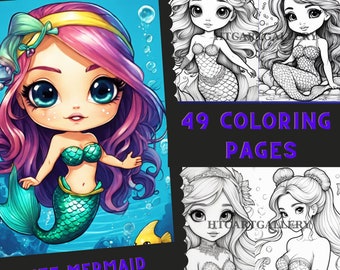 49 pagine da colorare Sirena Chibi, bambini e adulti per disegni carini, principessa subacquea, colorazione Fantasy e Chibi, PDF stampabile