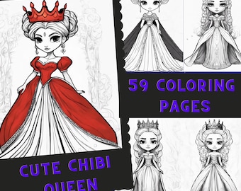 59 Cute Chibi Queen Girls Coloring Book  Page Cute Manga Fantasy Coloring Pages for Kids and Adults, Instant Download, Printable PDF