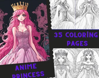 35 Anime Princess Girls Adult Coloring Book, Coloring Pages Book,Grayscale Fantasy Anime Manga Coloring,Instant Download,Printable PDF