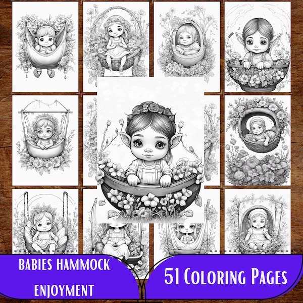 Cute Babies' Hammock Delight Coloring Pages for Adults and Kids, Fantasy Coloring Book,  Grayscale Cute Baby Coloring Book, Printable PDF