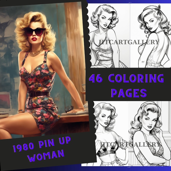 Pin Up Woman 1980s Fashion Coloring Book, Grayscale Fashion Coloring for Adult and Kids,Romantic Pretty Lady Coloring Book, Printable Pdf