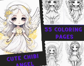 55 Cute Chibi Angel Girls Coloring Book  Page Cute Manga Fantasy Coloring Pages for Kids and Adults, Instant Download, Printable PDF