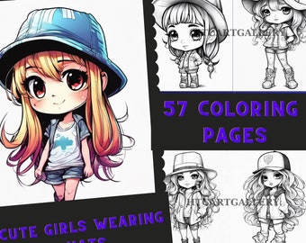 57 Cute Girls in Hat Coloring Pages for Adults and Teens, Grayscale Coloring Pages, Chibi Coloring Book, Printable PDF, Chibi Style