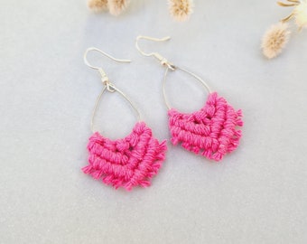 Pink teardrop fringe earrings, Hoop earrings, Macrame drop earrings, Pink boho earrings, Small pink statement earrings, Gift for women