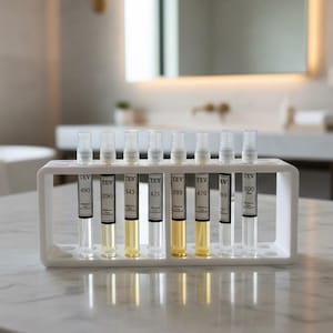 Puede incluir: Un soporte rectangular blanco que sostiene ocho viales de spray de vidrio transparente, cada uno con una etiqueta con el texto TEV y un número de tres dígitos. Los viales contienen líquidos que van de transparentes a amarillo pálido.