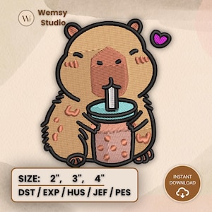 May include: Embroidered patch of a cartoon capybara drinking boba tea. The capybara is brown with black outlines, holding a boba tea with a teal lid and brown drink. A purple heart floats above. The patch sizes are 5 cm, 7.6 cm, and 10 cm.