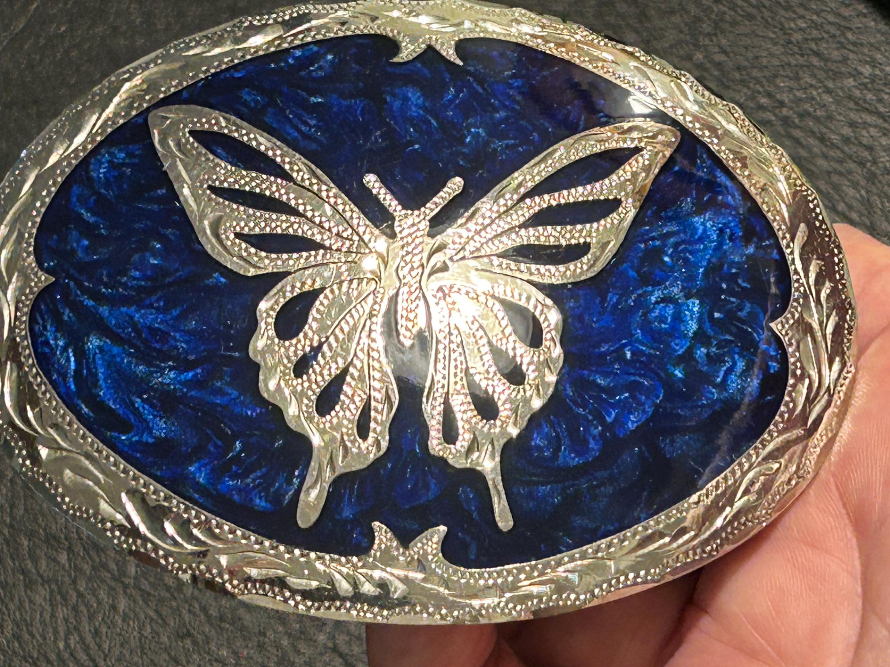 Blue , Butterfly Belt Buckle, 1980s Hand Made by Silversmith 