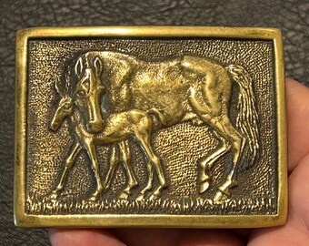 1978 Horse and Foal Belt Buckle, by BTS, solid brass, made in the USA embossed, very nice condition