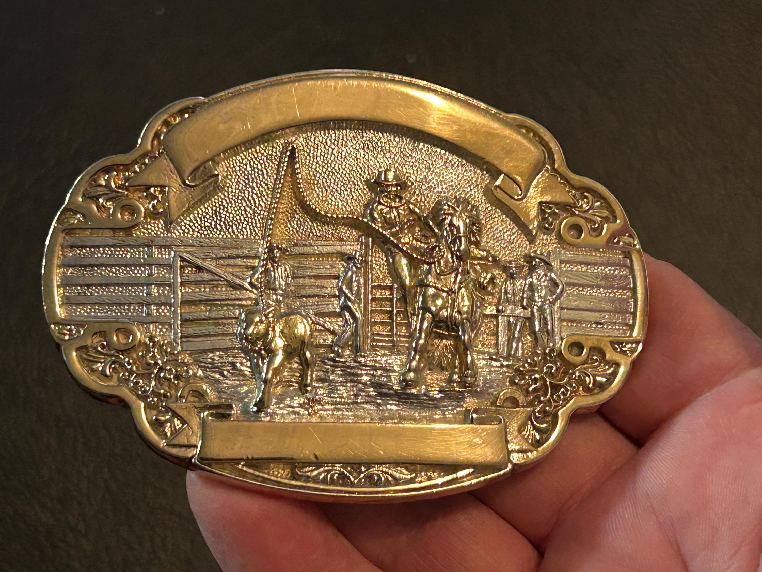 Award Design Medals N Brass Toned Buckle and Tooled Leather Belt Brass Buffalo Buckle Tooled Brown Leather Belt main image 2