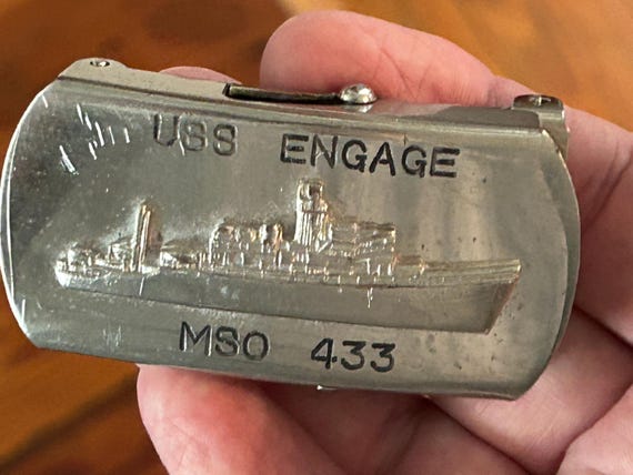 USS Engage, MSO 433 military belt buckle, WWII Mine Sweeper