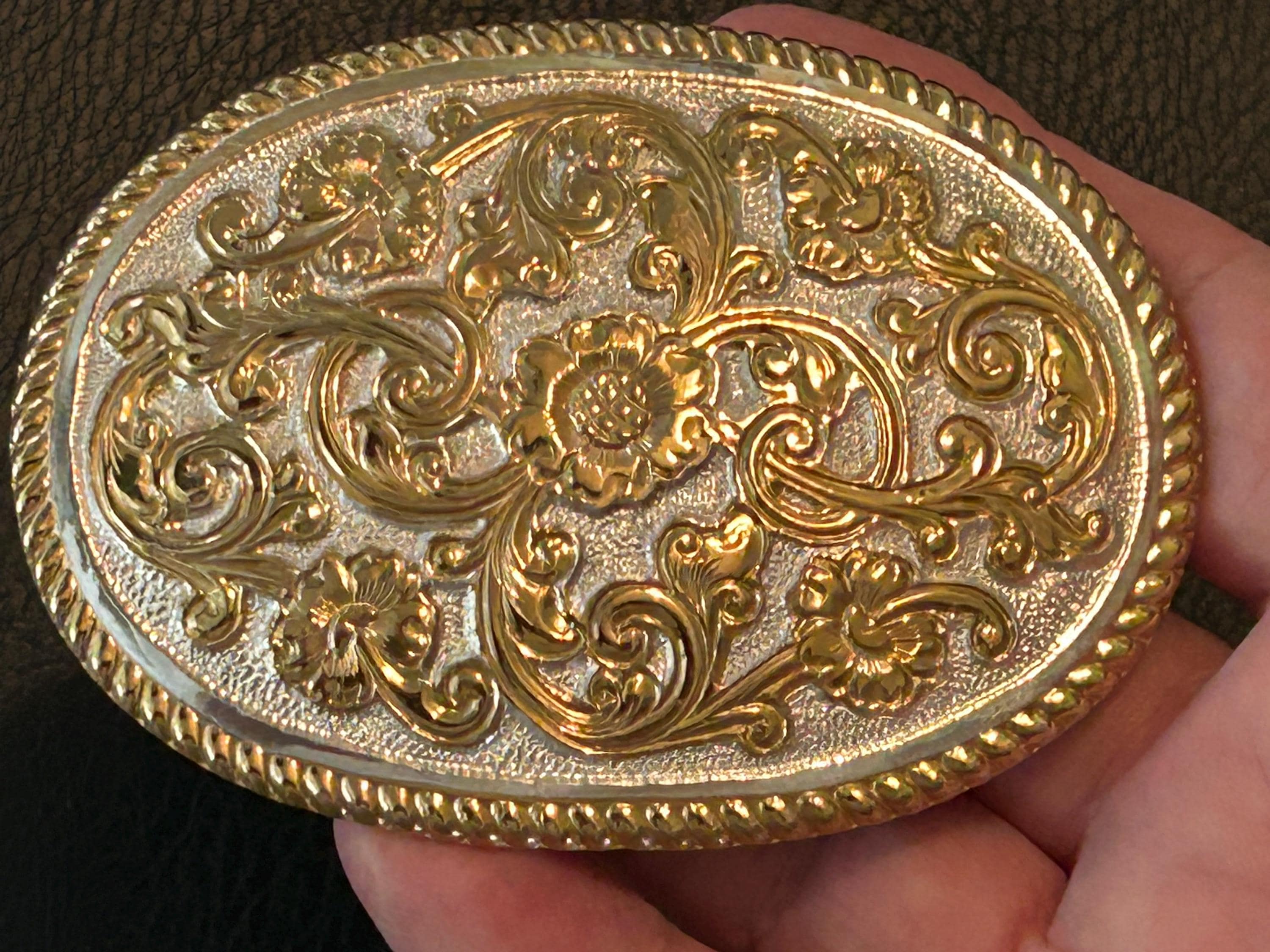 Vintage 80s Crumrine Belt Buckle 22K gold Over Sterling Silver Floral 89.9 grams Crumrine Buckle Indiana Collectible Western Americana Belt  main image 4