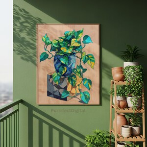 Muurdecoratie met pothosplant in mid-century modern thema, kleurrijke klimopprint, digitaal te downloaden poster, mozaïek plantenbakdecoratie, kunst, abstract