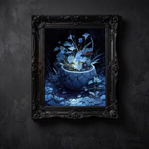Glowing Blue Flowers in Cracked Pot Wall Art, Mystical Moonlight Garden Print, Digital Download Poster, Whimsical Dark Fantasy Decor