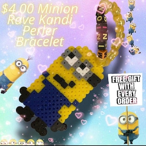 May include: A yellow Minion-themed Perler bead bracelet with a matching Minion Perler bead charm. The bracelet has a yellow beaded band with black and pink letter beads spelling out a name. The image also includes the text "FREE GIFT WITH EVERY ORDER."