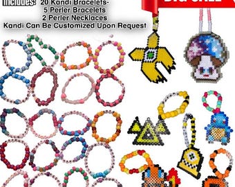 Peut inclure: Un ensemble de 27 bracelets et breloques en perles colorées. L'ensemble comprend 20 bracelets kandi, 5 bracelets perler et 2 colliers perler. Le texte "27 PC Rave Starter Kit" et "BIG SALE" est visible sur l'image. Les kandi peuvent être personnalisés sur demande.