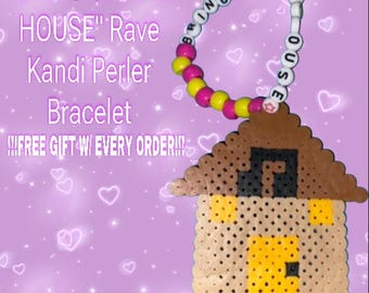 May include: A pink, yellow and white beaded bracelet with the words "BRING ON THE HOUSE" spelled out. The bracelet is attached to a brown and yellow perler bead house charm. The text "!!!FREE GIFT W/ EVERY ORDER!!!" is written below the bracelet.