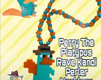 May include: A blue and orange Perler bead necklace featuring a pixelated cartoon character of Perry the Platypus from the animated series Phineas and Ferb. The necklace is labeled "Perry The Platypus Rave Kandi Perler Necklace".