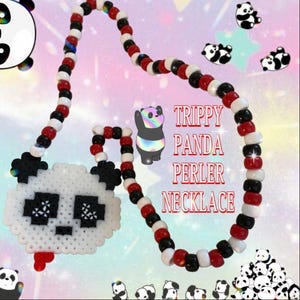 May include: A red, white, and black beaded necklace with a panda bear perler bead charm. The necklace has the text "Trippy Panda Perler Necklace" on it.