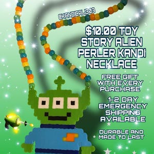 May include: A green, blue, and orange perler bead necklace featuring a pixelated alien from Toy Story. The necklace is made with perler beads and has a green alien charm with three eyes and a smile. The necklace is on a green background with stars.