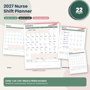 2027 Nurse Shift Planner Printable PDF, 12 Hour Shift Calendar, Overtime & Pay Tracker