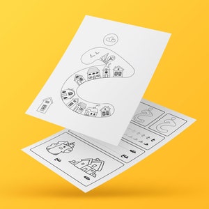 May include: Black and white printable worksheet with a drawing of a town with houses and a cloud. The worksheet includes practice writing the letter 'e' in cursive.