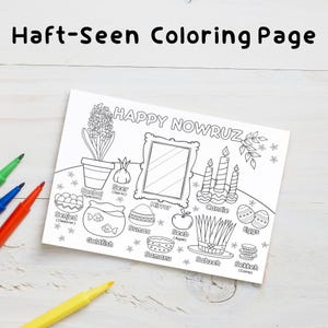 Página para colorear de Haft-Seen (inglés) / Actividad para colorear del Año Nuevo persa / Tarjeta de Nowruz / Aprenda sobre las tradiciones de Nowruz / Descarga instantánea