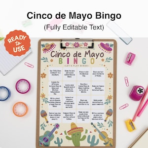 Jogo de Bingo Cinco de Mayo | Celebração do Cinco de Mayo para Crianças | Cartão de Bingo Editável | Atividade Cultural | Jogos de Sala de Aula | Para Imprimir