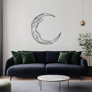Moon Woman Metal Wall Art, Celestial Goddess Line Art, Crescent Moon Home Decor, Feminine Silhouette Sculpture, Wall Hangings, Gift For Her