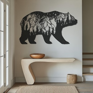 Bear Metal Wall Art, Nature-Inspired Mountain Bear Decor, Moon and Stars Metal Wall Hanging, Rustic Cabin Wall Decor, Metal Large Wall Art