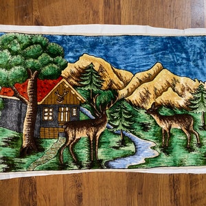 ヴィンテージの動物の敷物、豪華なタペストリー、刺繍入りの壁掛けラグ、素朴な装飾、雌鹿、鹿
