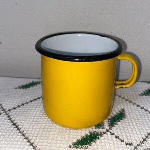 Small enamel jug, old cup with handle in yellow color, enamel pot, home decoration, rare find, gift