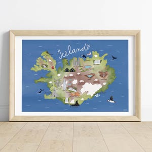 Carte illustrée de l'Islande | Impression Islande aquarelle | Cadeau de voyage | Monuments islandais | Affiche de la carte de l'Islande | Art mural de voyage