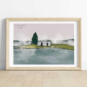 Geheime Lagune heiße Quelle | Island Poster | Island Reise Geschenk | Aquarell und Bleistift Illustration | Isländische Naturdruck