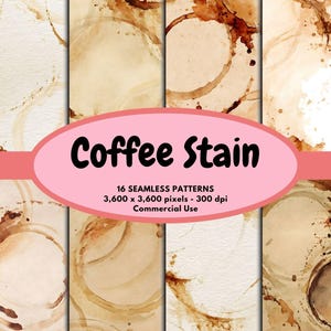 Pode incluir: Padrões de manchas de café em aquarela em tons de marrom e bege. A imagem inclui o texto "Coffee Stain" em letras pretas em um oval rosa, juntamente com detalhes sobre os padrões.