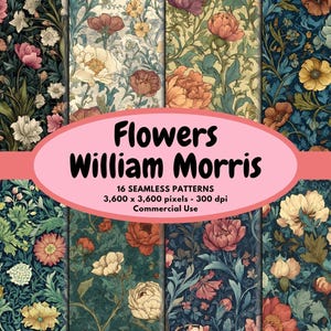 May include: A collection of 16 seamless floral patterns in various colors, including pink, orange, and cream, with a dark blue background. The patterns are inspired by William Morris designs. The image includes the text "Flowers William Morris".