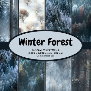 Puede incluir: Una colección de 16 patrones sin costuras con escenas de bosques invernales. Los patrones muestran diversas vistas de árboles cubiertos de nieve y paisajes brumosos. La imagen incluye el texto "Winter Forest" y detalles sobre el tamaño del patrón y el uso comercial.