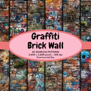 May include: A collage of brick wall patterns with colorful graffiti art. The image includes various designs with cartoon faces and abstract art. Text on a pink oval reads "Graffiti Brick Wall".