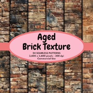 May include: A collection of 24 seamless aged brick textures. Each texture is 3,600 x 3,600 pixels and 300 dpi. These textures are for commercial use.