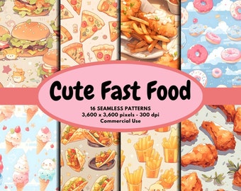 Cute Fast Food Digital Pattern Seamless Paper Fast Food Art Digital Paper Kawaii Fast Food Background Burger Seamless Pattern Commercial Use