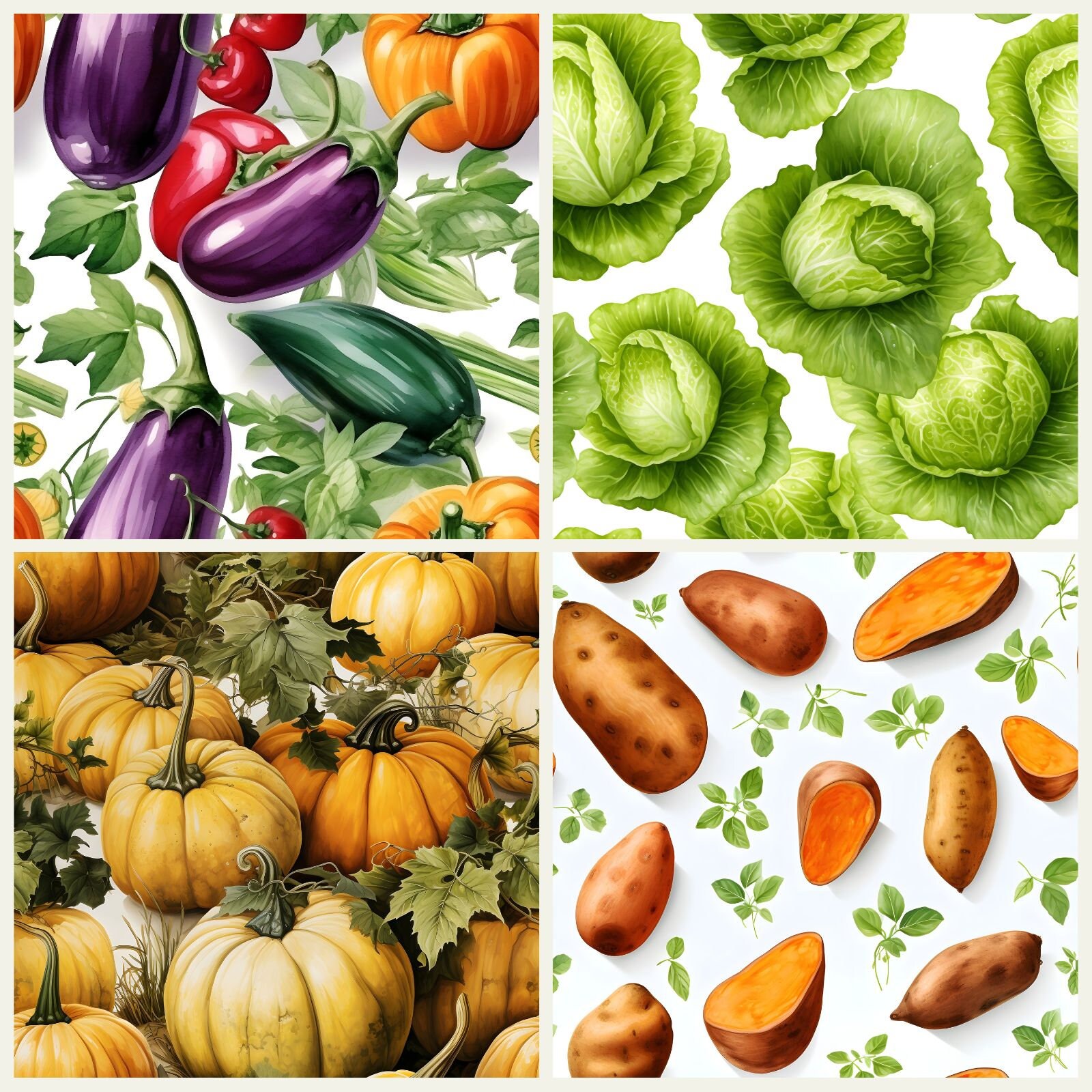 Watercolor Vegetables Digital Pattern Seamless Paper Assorted Vegetable ...