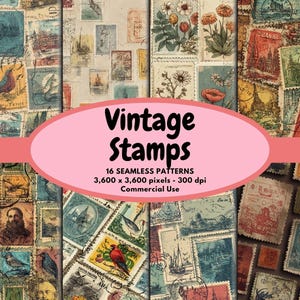 May include: A collection of vintage stamps with various designs, including birds, flowers, and architectural elements. The image features a pink oval with the text "Vintage Stamps" and details about the patterns and commercial use.